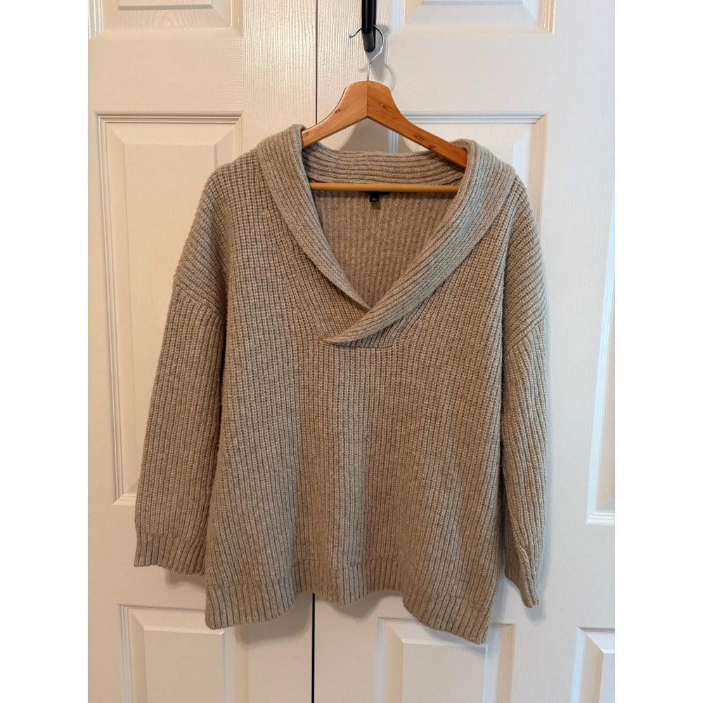 Talbots Womens XL Beige Ribbed Shawl Collar Pullover Wool Blend Sweater JO5161